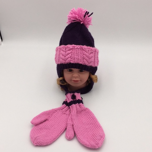 Hand Knit Girls Winter Hat + Pair of Mittens Pink Purple - Picture 2 of 13